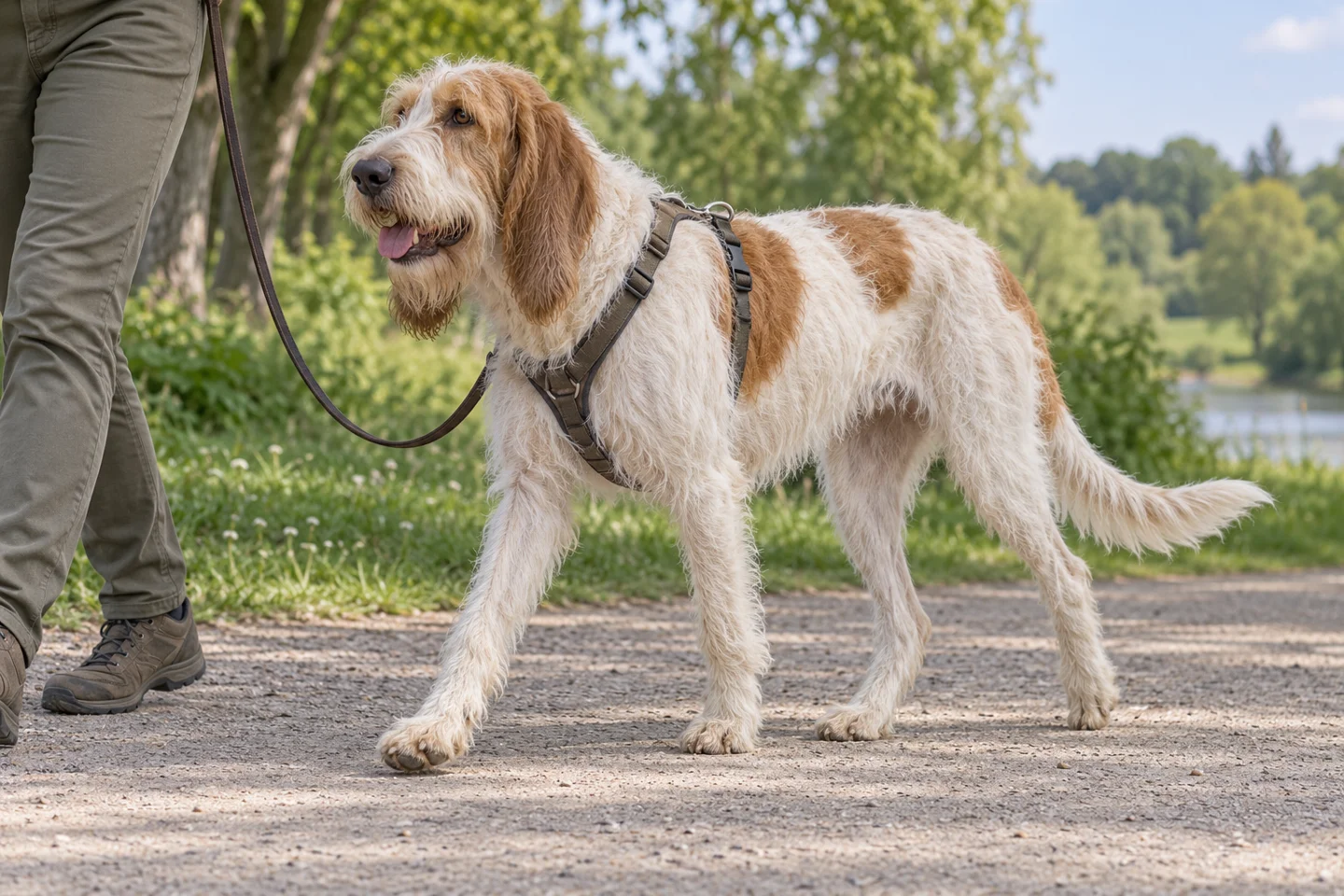 Grand Griffon Vendéen adult walking in a harness beside an adult handler, with breed-specific coat and natural anatomy