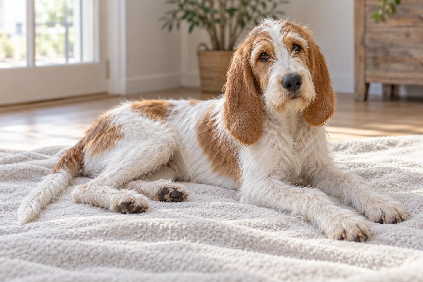 Grand Griffon Vendéen older puppy resting on a blanket indoors, with breed-specific coat and natural anatomy