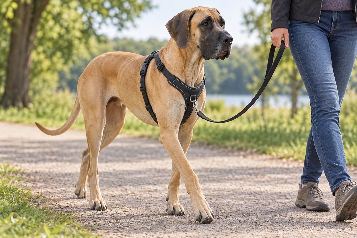 Great Dane adult walking in a harness beside an adult handler, with breed-specific coat and natural anatomy
