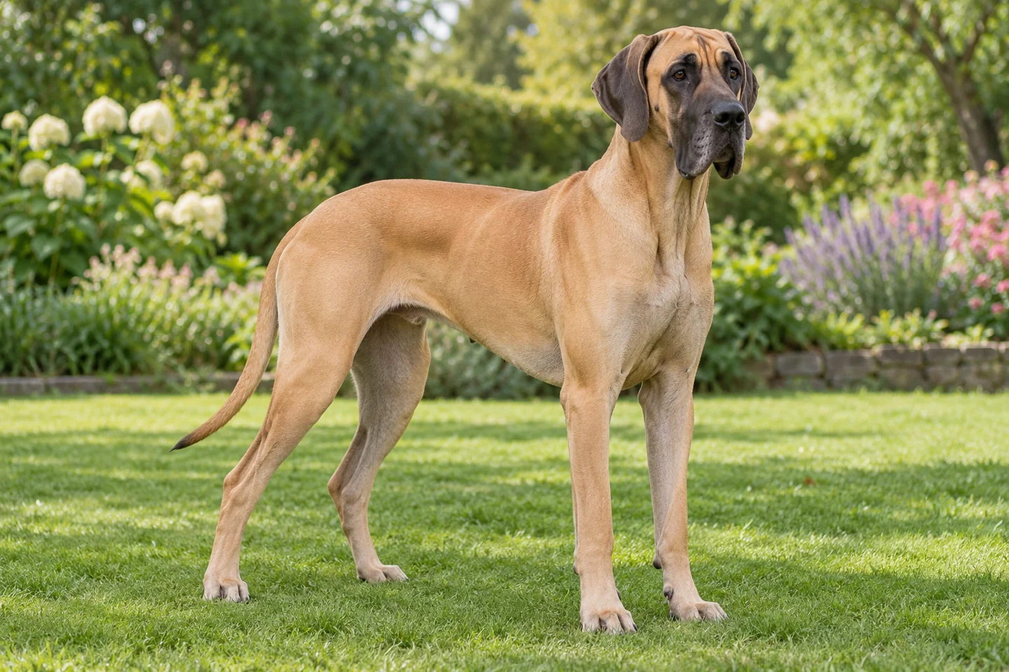 Great Dane adult standing naturally outdoors, with breed-specific coat and natural anatomy