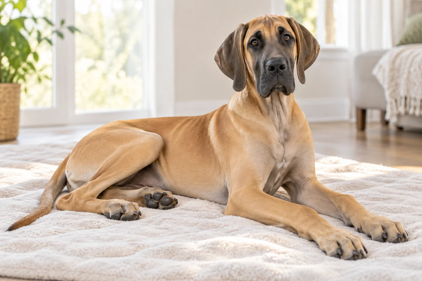 Great Dane older puppy resting on a blanket indoors, with breed-specific coat and natural anatomy
