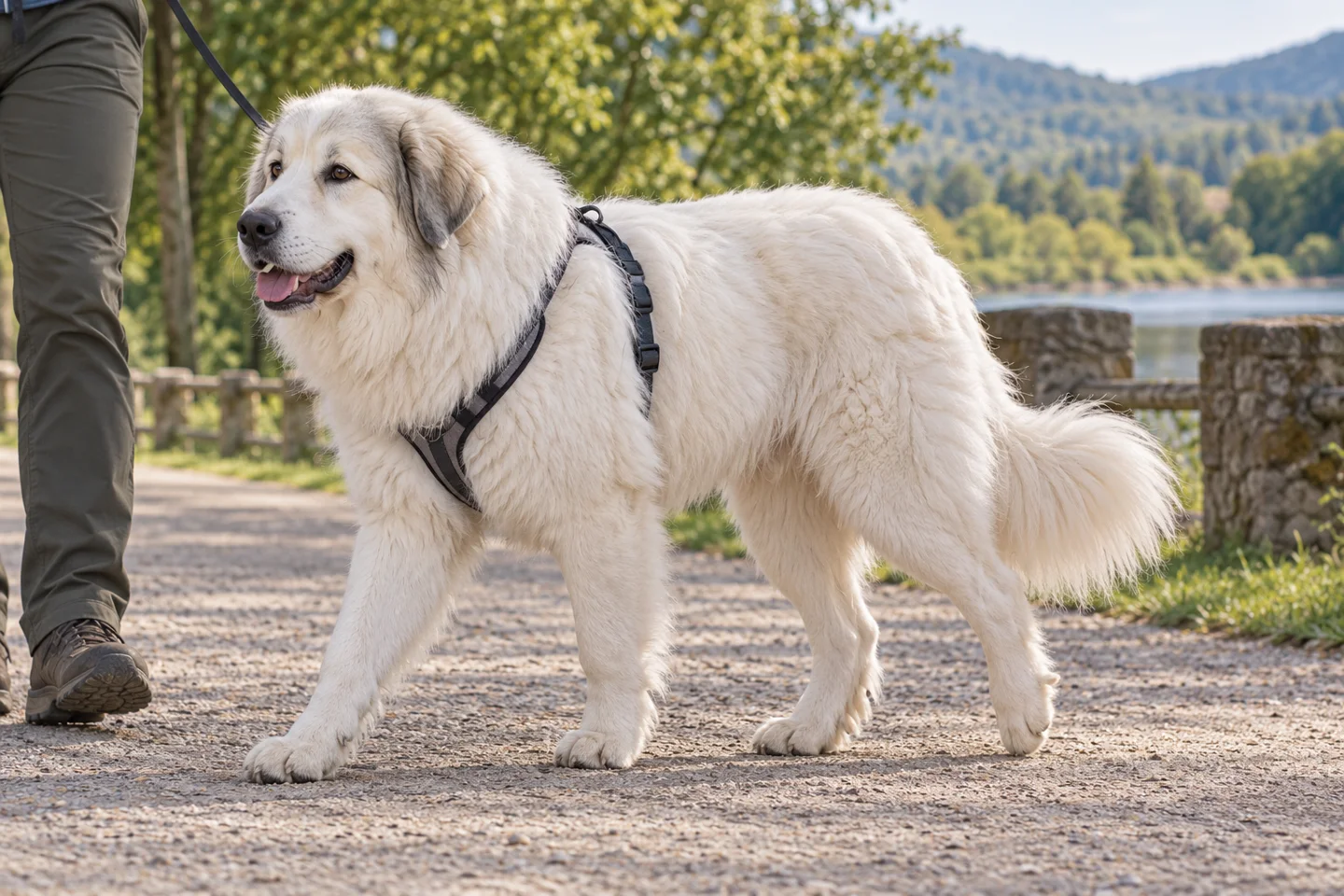 Great Pyrenees adult walking in a harness beside an adult handler, with breed-specific coat and natural anatomy