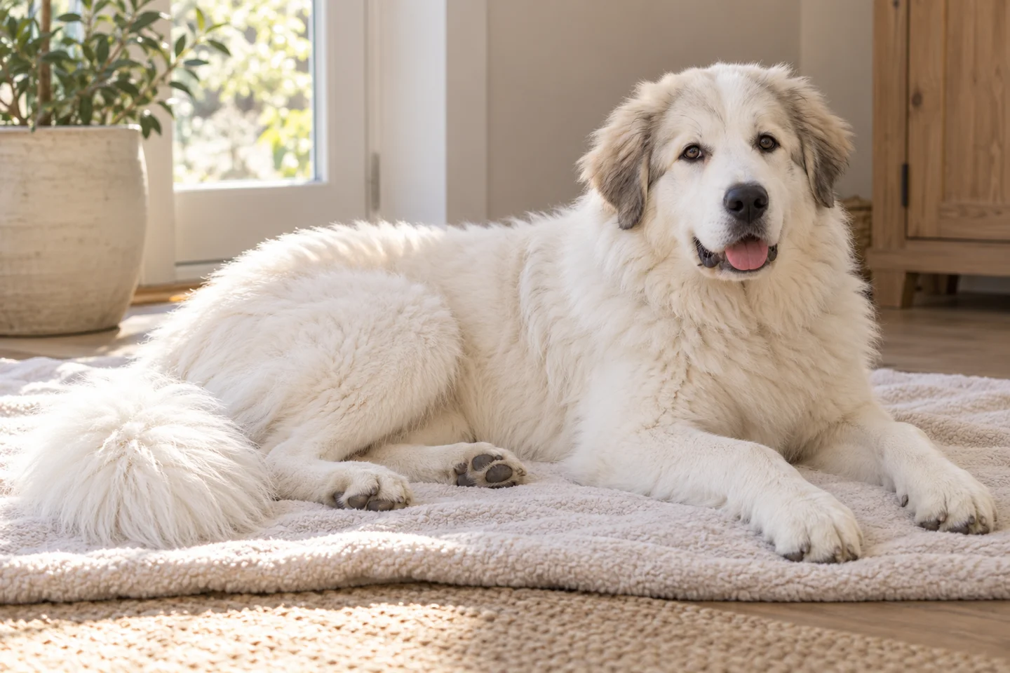 Great Pyrenees older puppy resting on a blanket indoors, with breed-specific coat and natural anatomy