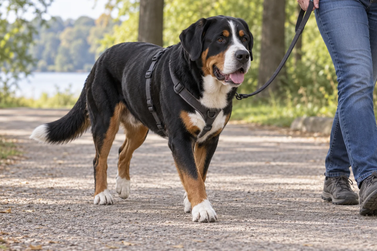 Greater Swiss Mountain Dog adult walking in a harness beside an adult handler, with breed-specific coat and natural anatomy