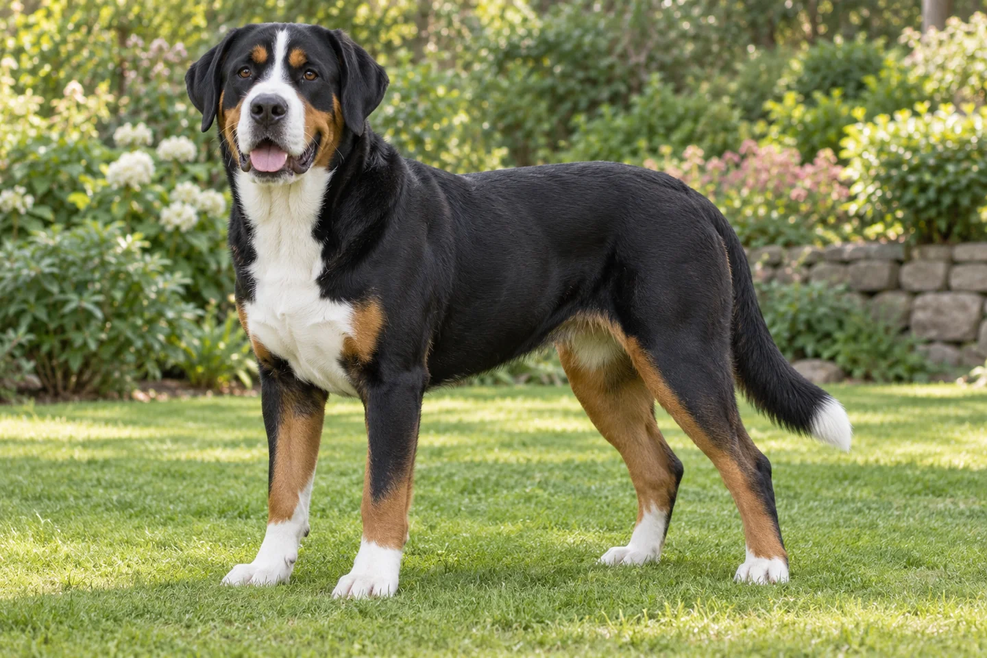 Greater Swiss Mountain Dog adult standing naturally outdoors, with breed-specific coat and natural anatomy