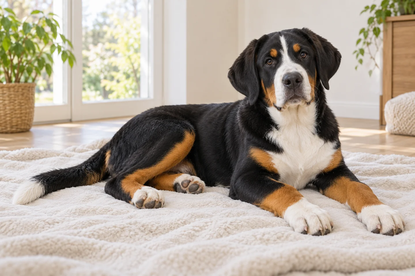 Greater Swiss Mountain Dog older puppy resting on a blanket indoors, with breed-specific coat and natural anatomy