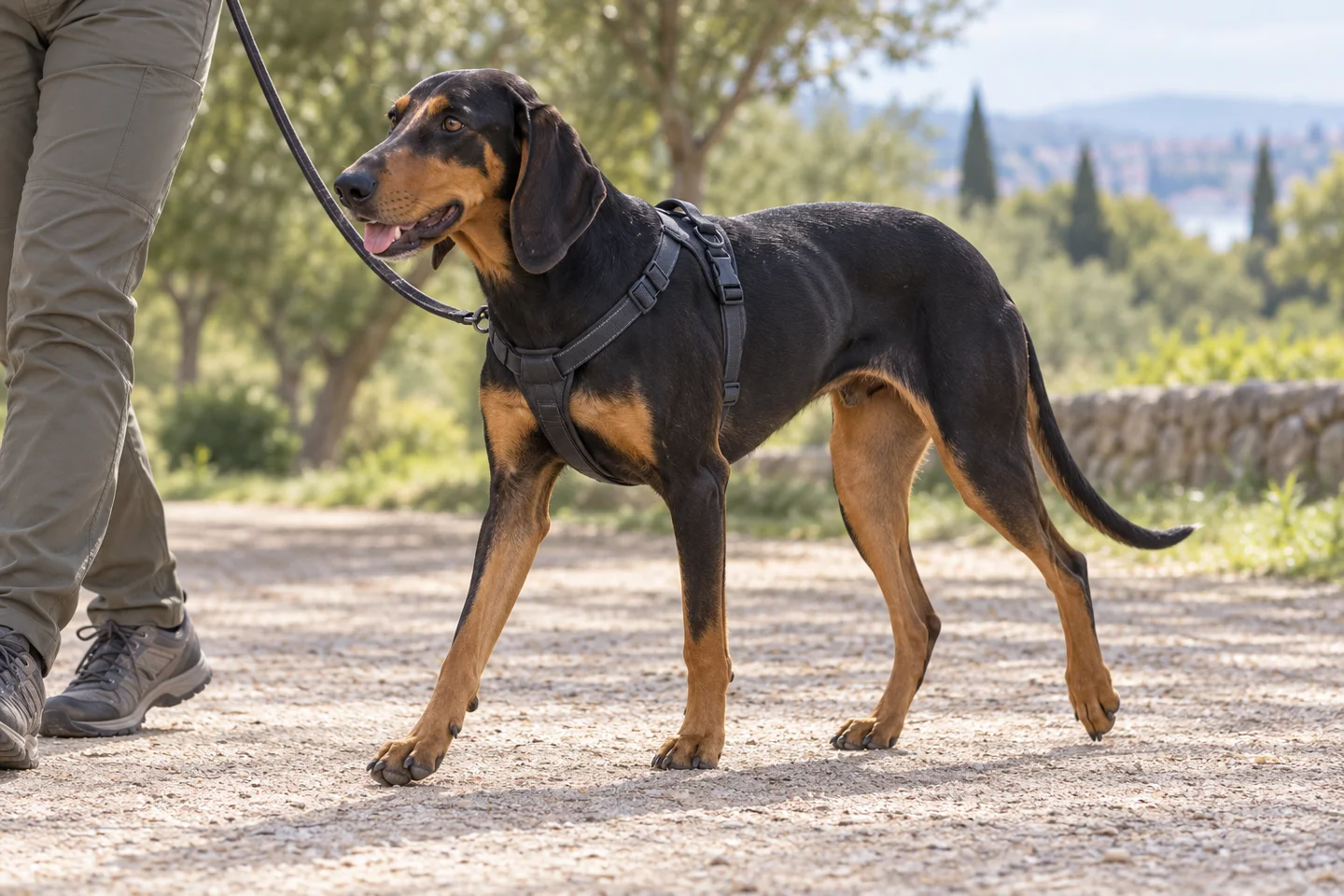 Greek Harehound adult walking in a harness beside an adult handler, with breed-specific coat and natural anatomy