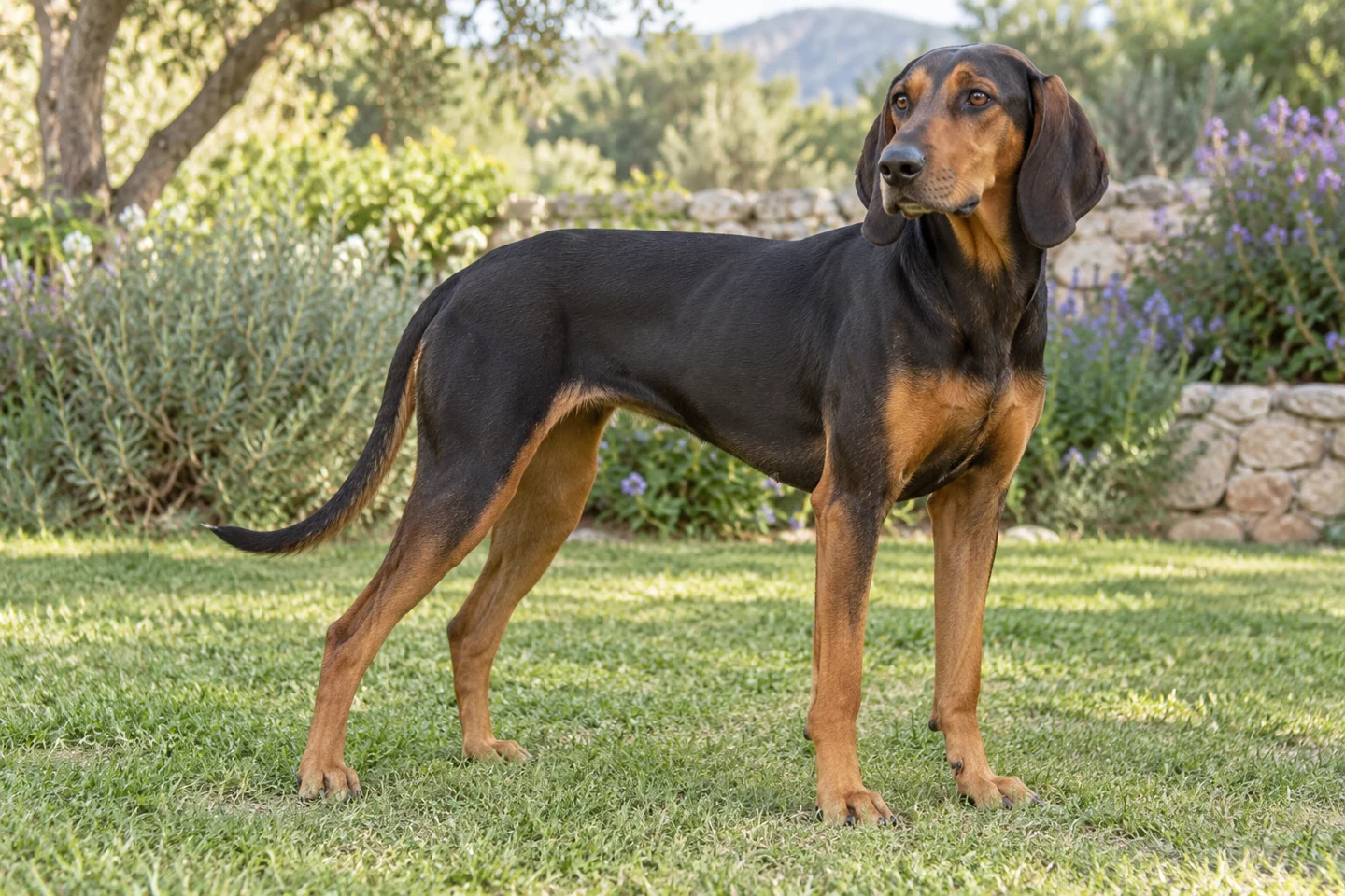 Greek Harehound adult standing naturally outdoors, with breed-specific coat and natural anatomy
