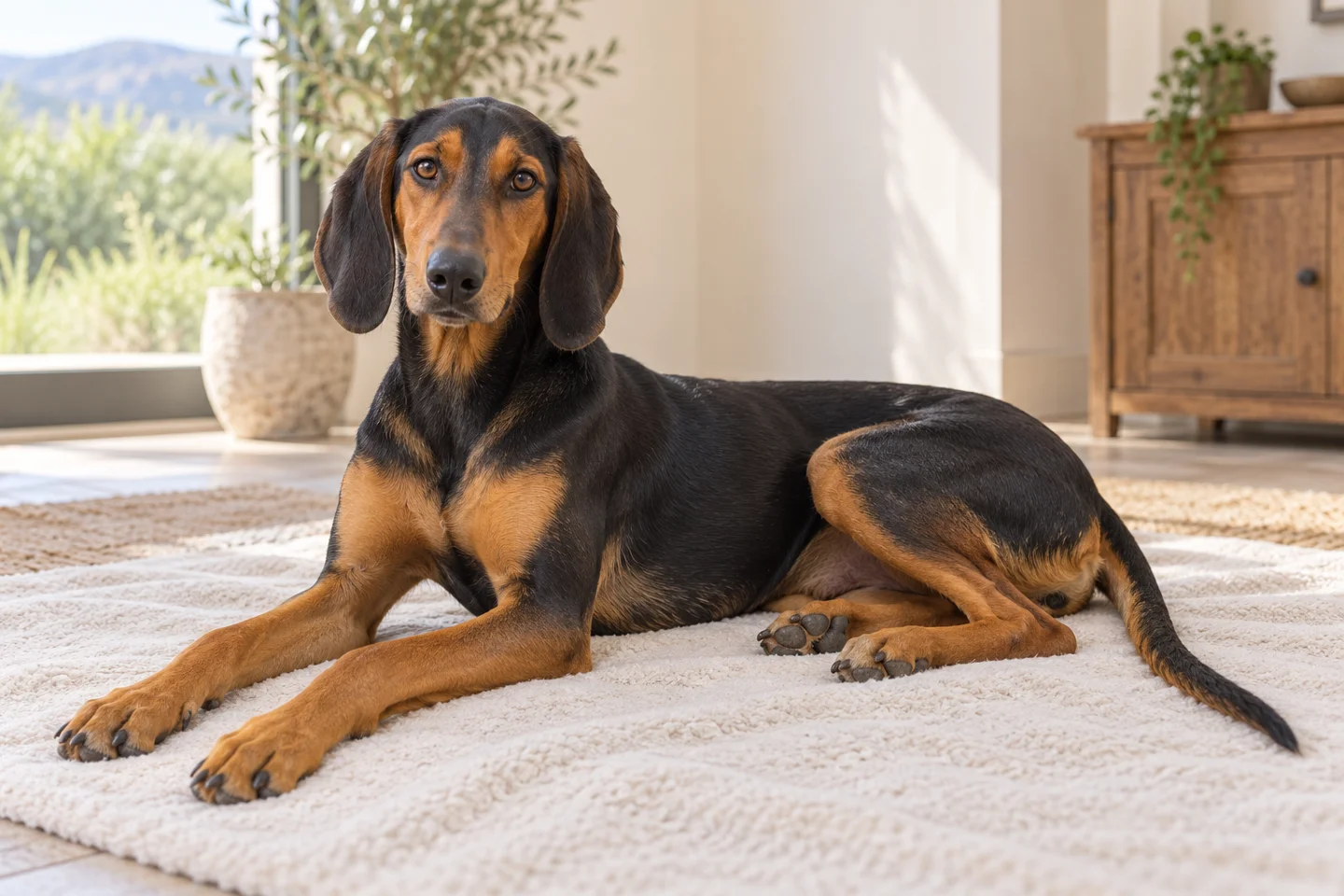 Greek Harehound older puppy resting on a blanket indoors, with breed-specific coat and natural anatomy