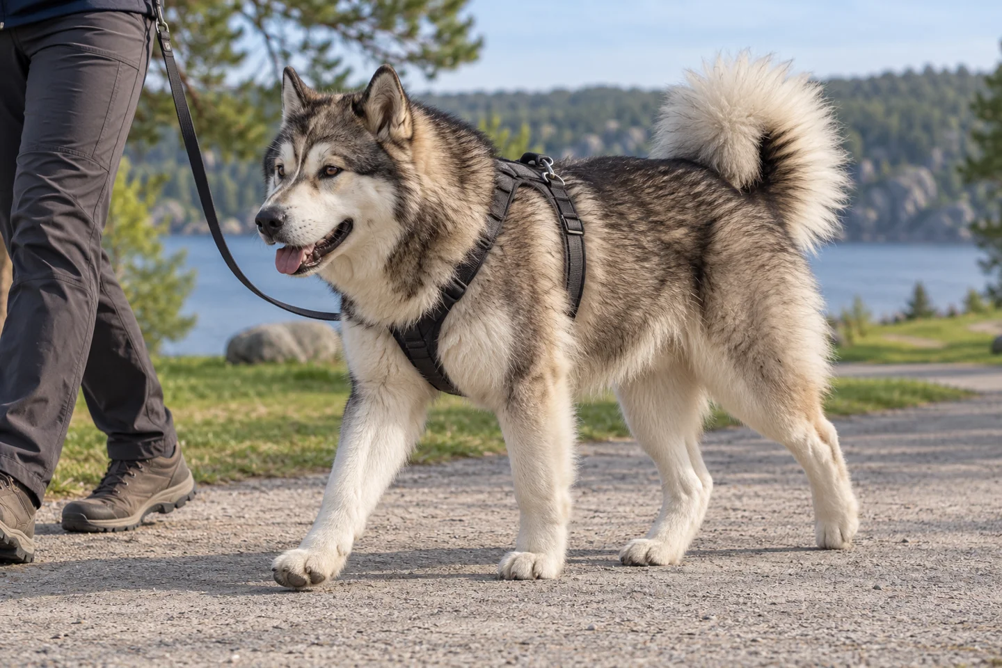 Greenland Dog adult walking in a harness beside an adult handler, with breed-specific coat and natural anatomy