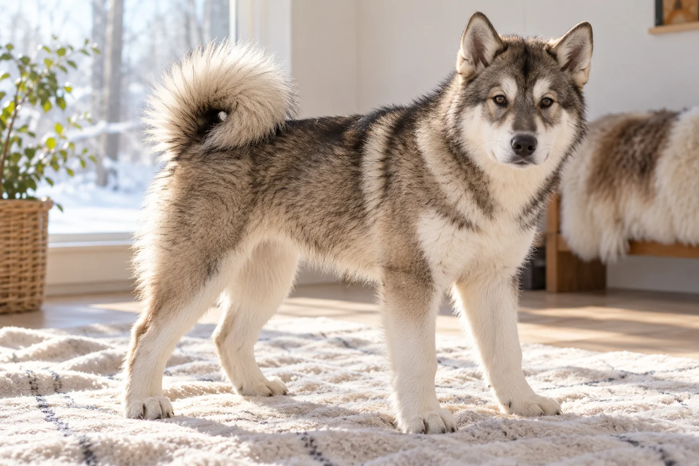 Greenland Dog older puppy resting on a blanket indoors, with breed-specific coat and natural anatomy