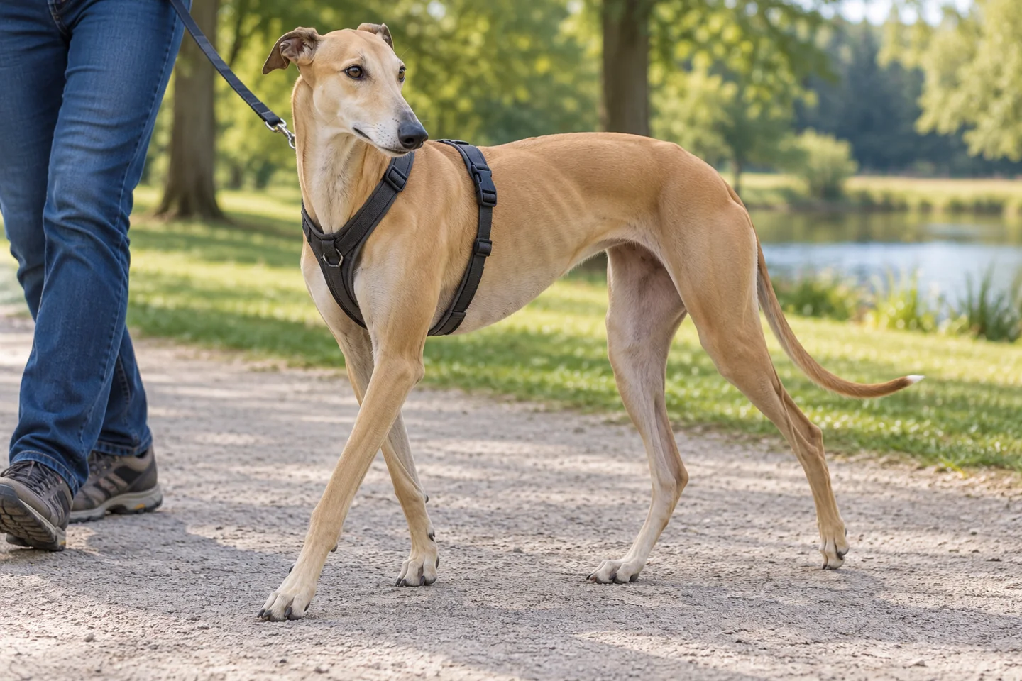 Greyhound adult walking in a harness beside an adult handler, with breed-specific coat and natural anatomy