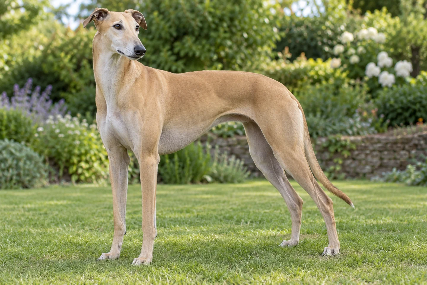 Greyhound adult standing naturally outdoors, with breed-specific coat and natural anatomy