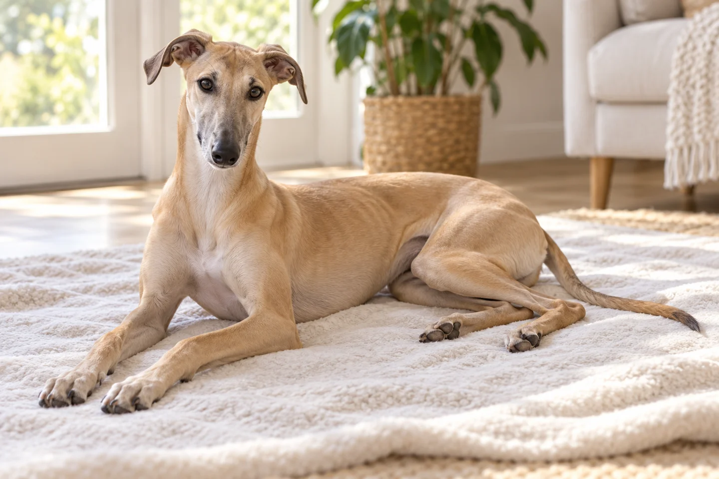 Greyhound older puppy resting on a blanket indoors, with breed-specific coat and natural anatomy
