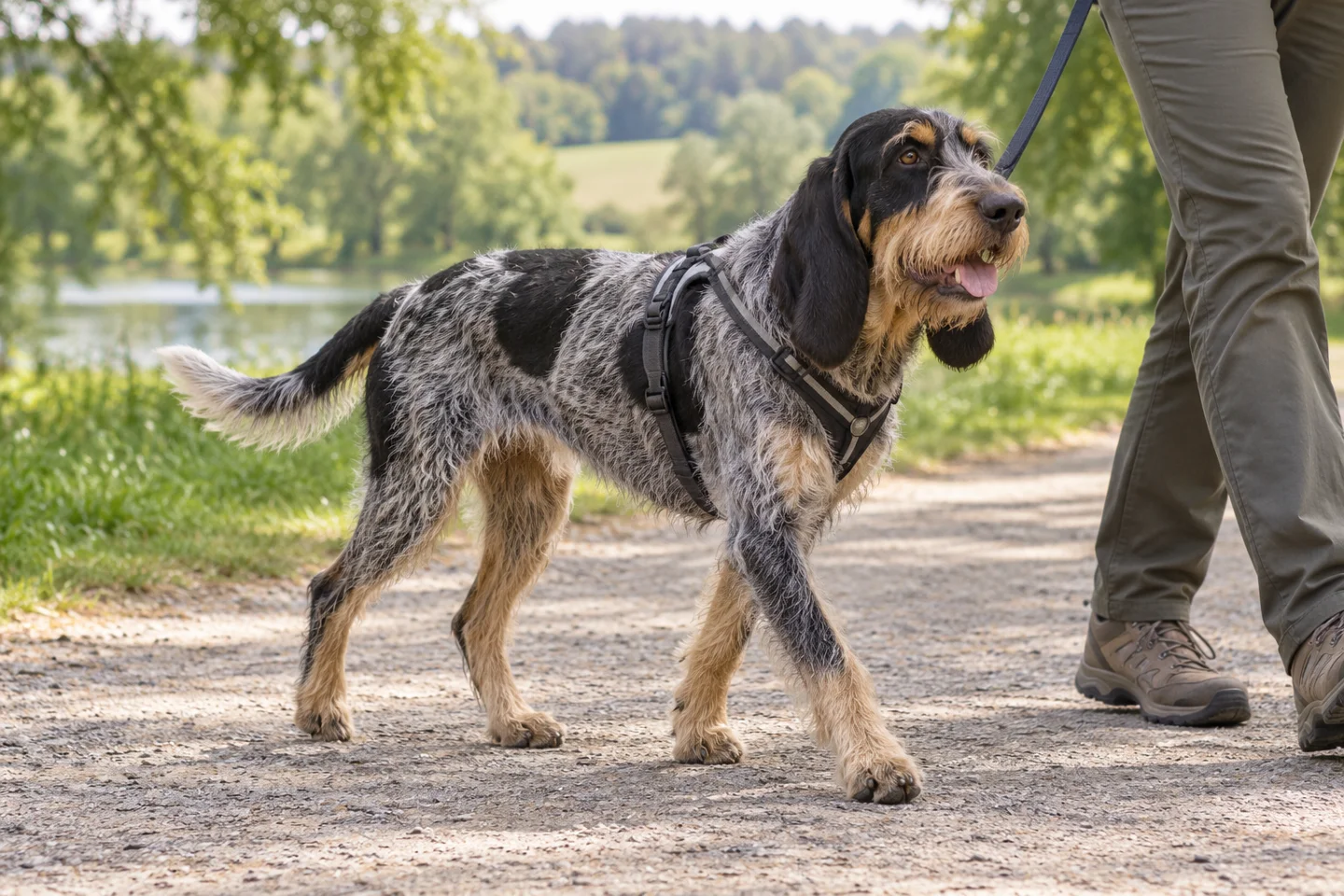 Griffon Bleu de Gascogne adult walking in a harness beside an adult handler, with breed-specific coat and natural anatomy