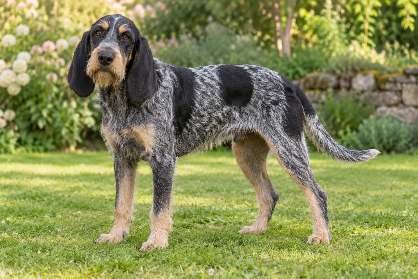 Griffon Bleu de Gascogne adult standing naturally outdoors, with breed-specific coat and natural anatomy