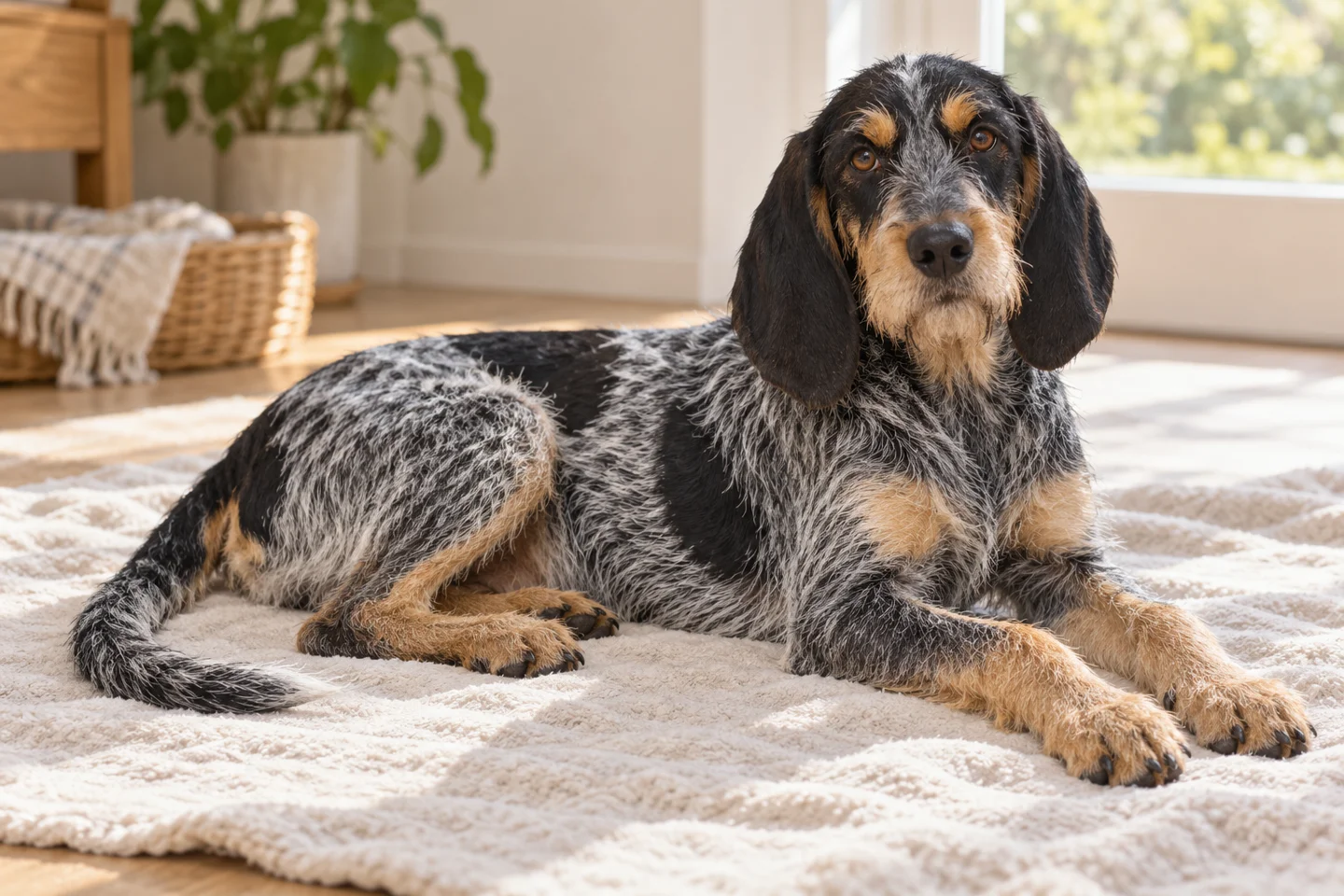 Griffon Bleu de Gascogne older puppy resting on a blanket indoors, with breed-specific coat and natural anatomy