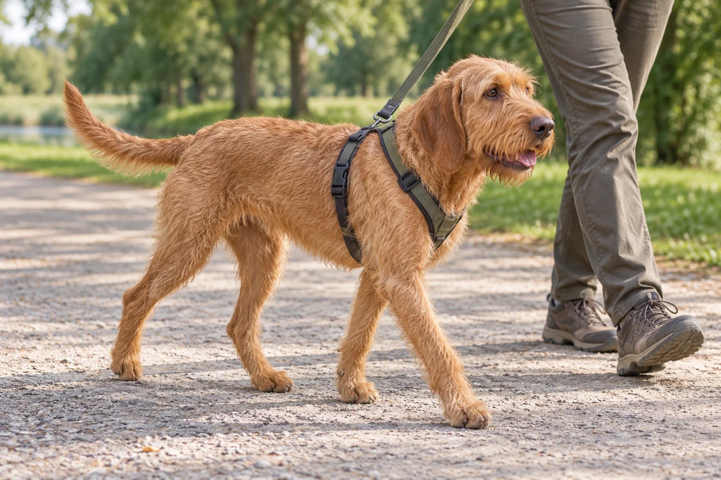 Griffon Fauve de Bretagne adult walking in a harness beside an adult handler, with breed-specific coat and natural anatomy