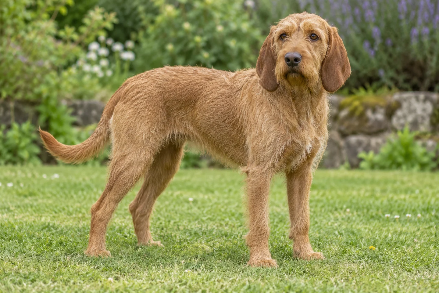 Griffon Fauve de Bretagne adult standing naturally outdoors, with breed-specific coat and natural anatomy