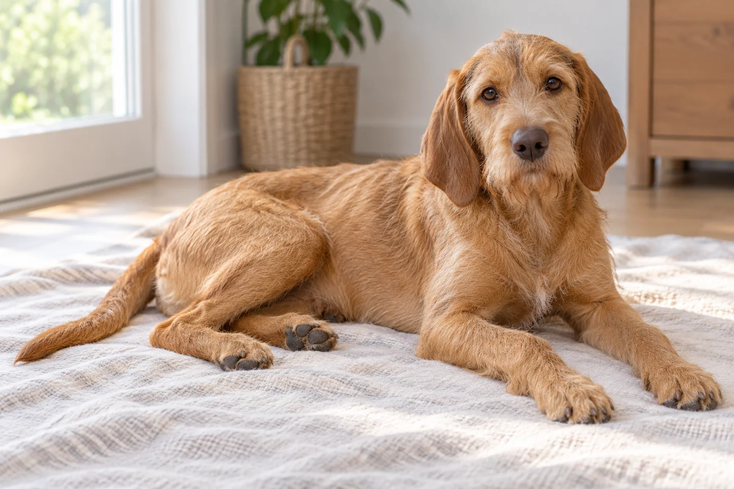 Griffon Fauve de Bretagne older puppy resting on a blanket indoors, with breed-specific coat and natural anatomy