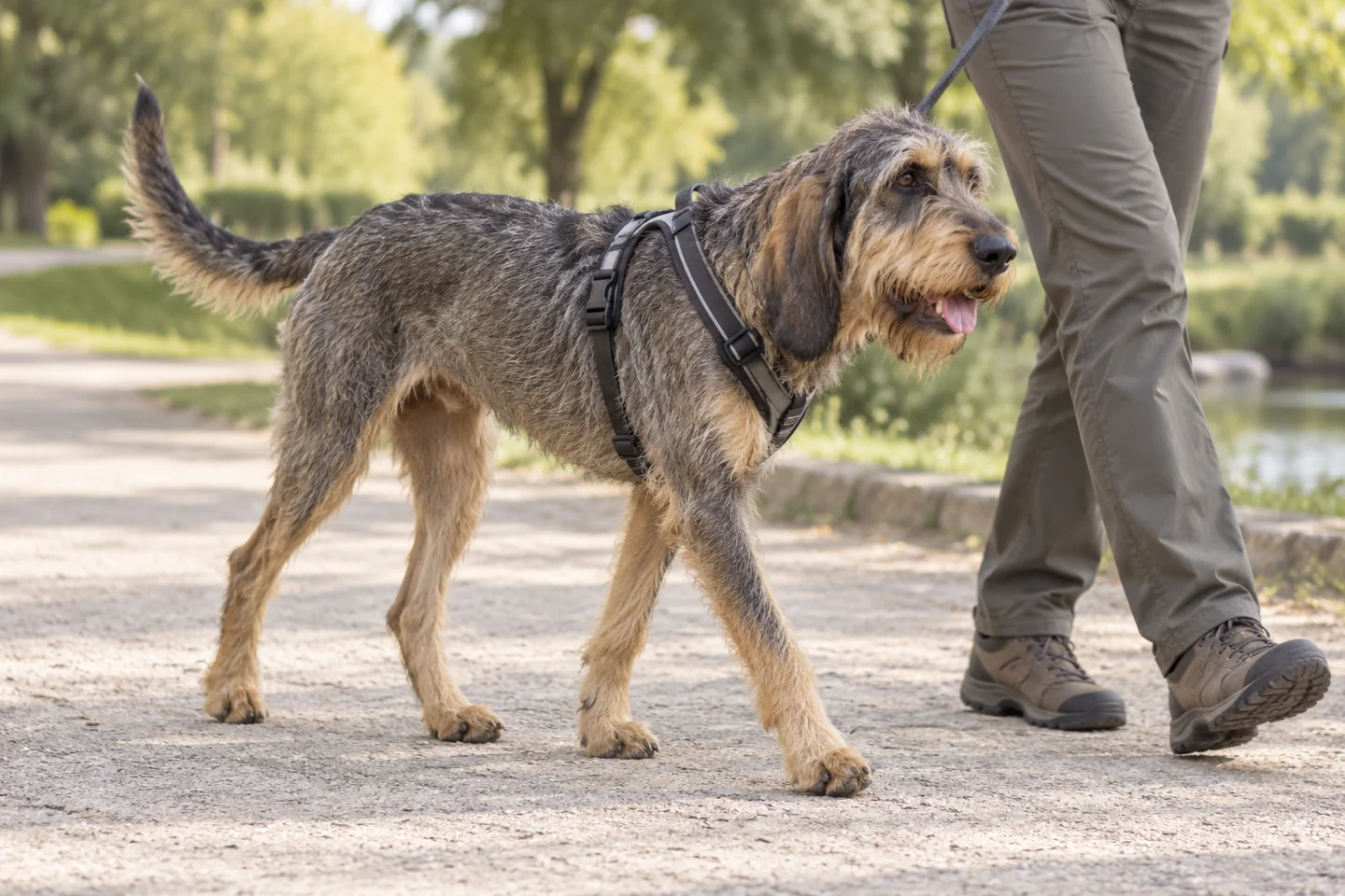 Griffon Nivernais adult walking in a harness beside an adult handler, with breed-specific coat and natural anatomy