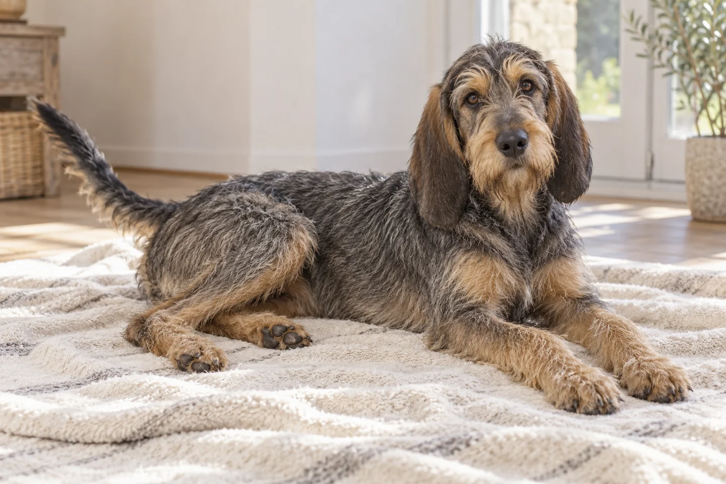Griffon Nivernais older puppy resting on a blanket indoors, with breed-specific coat and natural anatomy