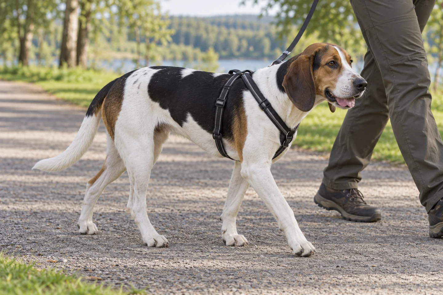 Halden Hound adult walking in a harness beside an adult handler, with breed-specific coat and natural anatomy