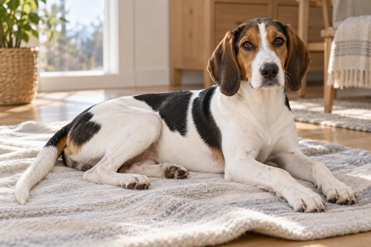 Halden Hound older puppy resting on a blanket indoors, with breed-specific coat and natural anatomy