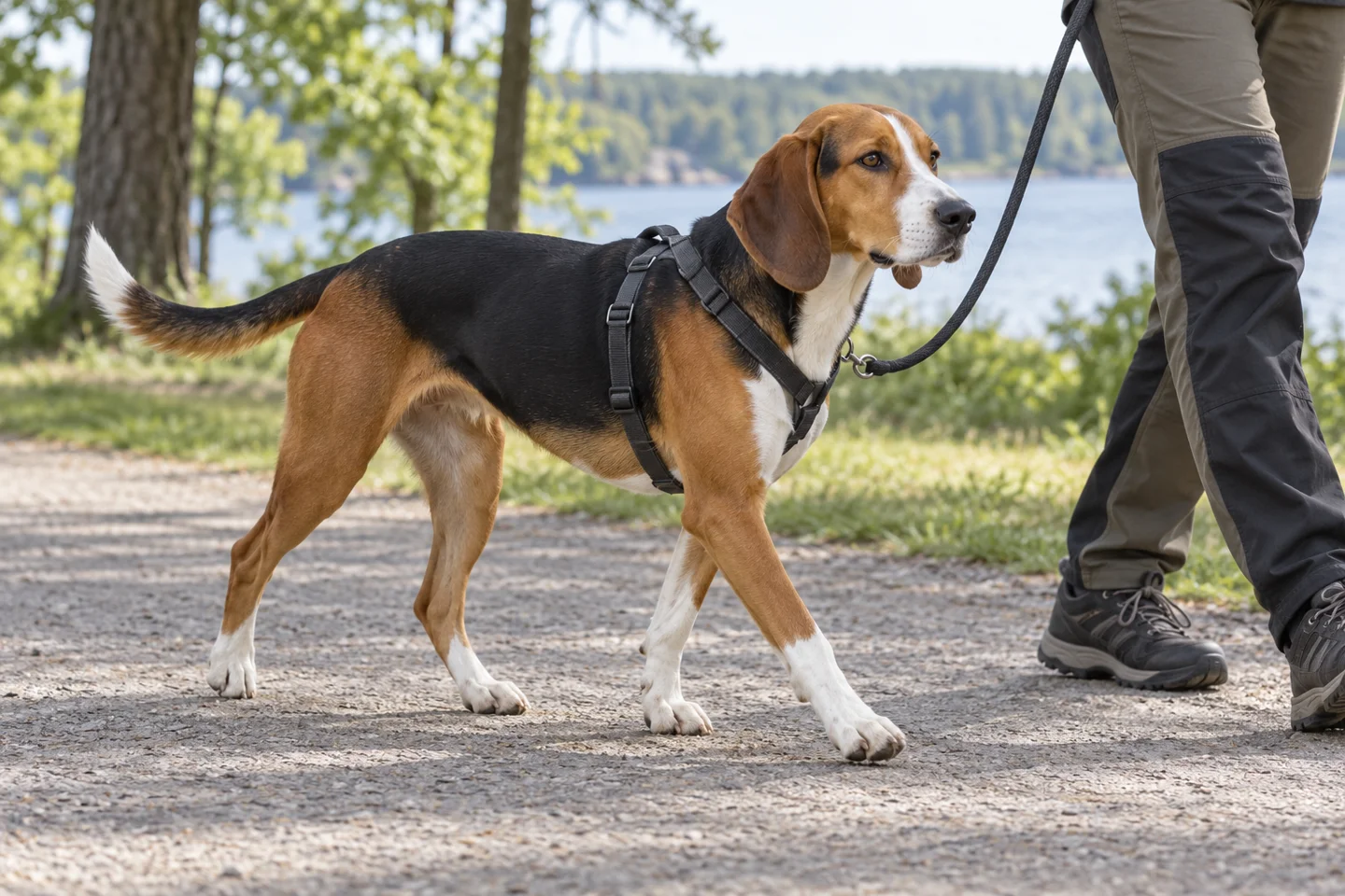 Hamiltonstovare adult walking in a harness beside an adult handler, with breed-specific coat and natural anatomy