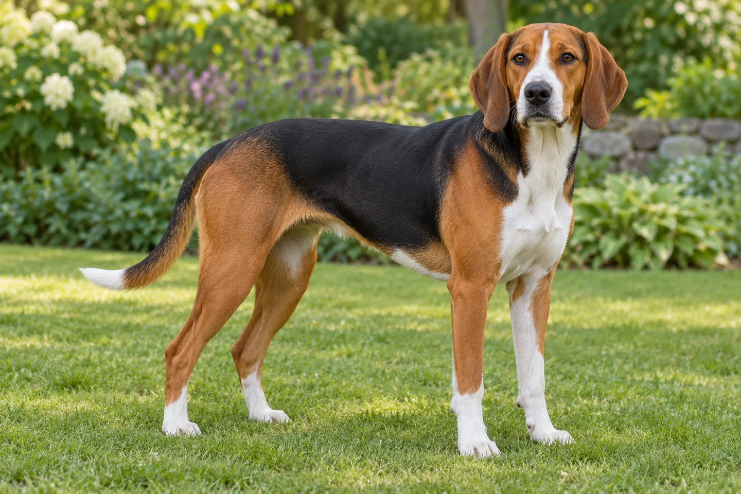 Hamiltonstovare adult standing naturally outdoors, with breed-specific coat and natural anatomy