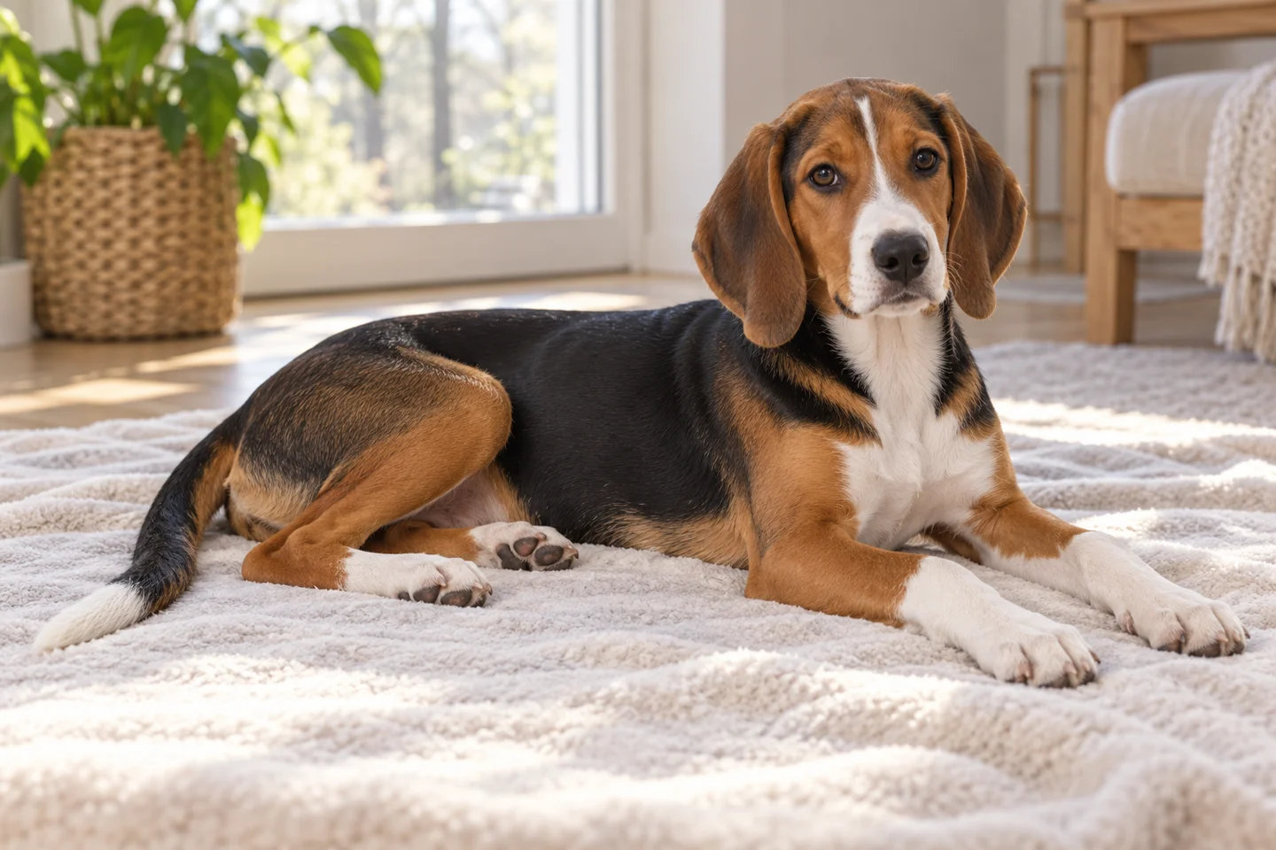 Hamiltonstovare older puppy resting on a blanket indoors, with breed-specific coat and natural anatomy