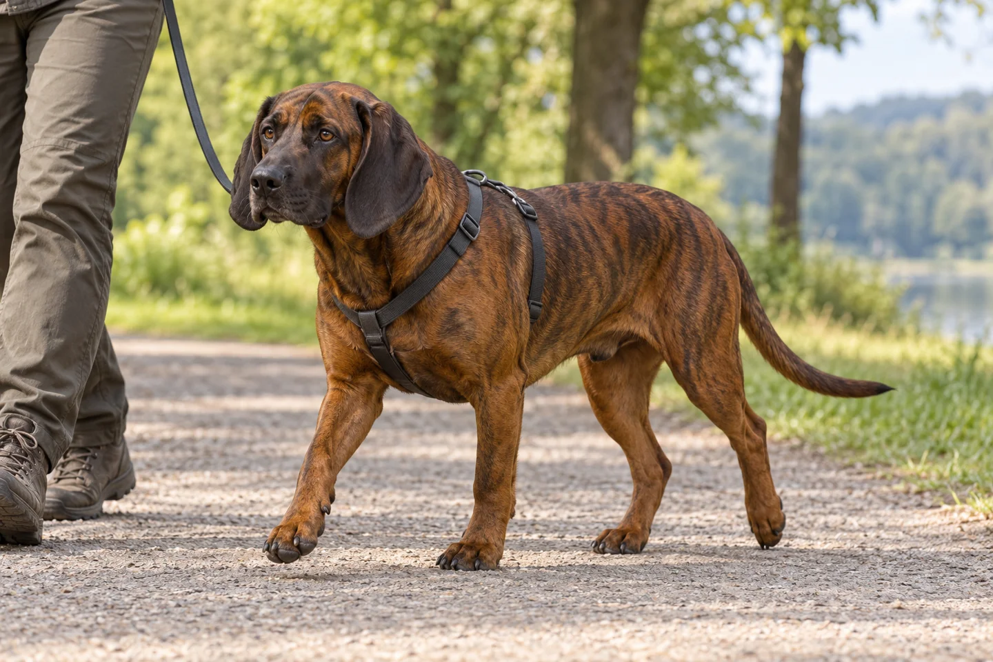 Hanoverian Scenthound adult walking in a harness beside an adult handler, with breed-specific coat and natural anatomy