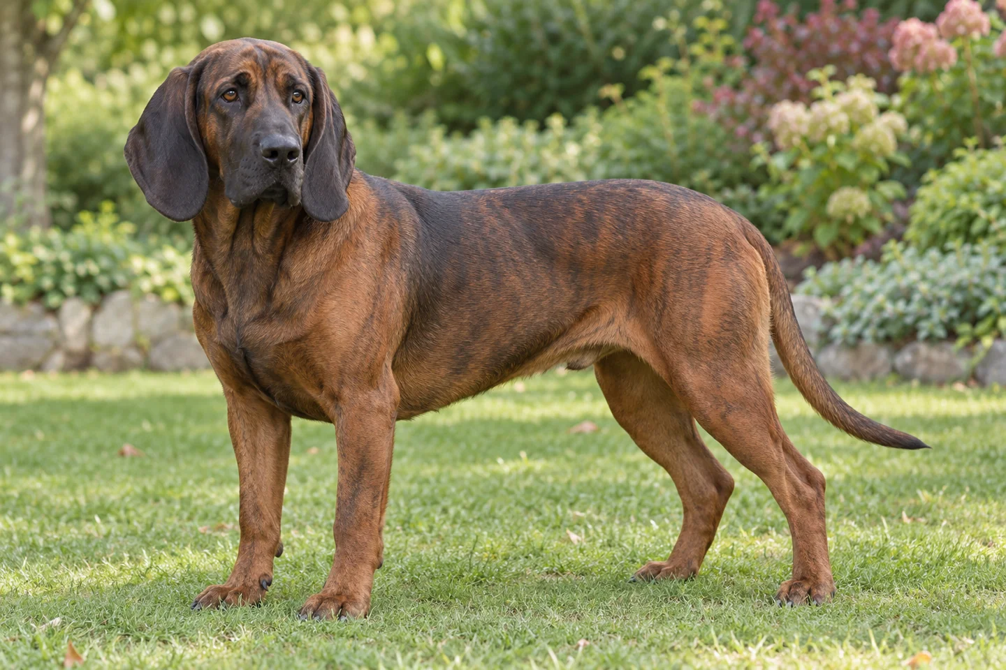 Hanoverian Scenthound adult standing naturally outdoors, with breed-specific coat and natural anatomy