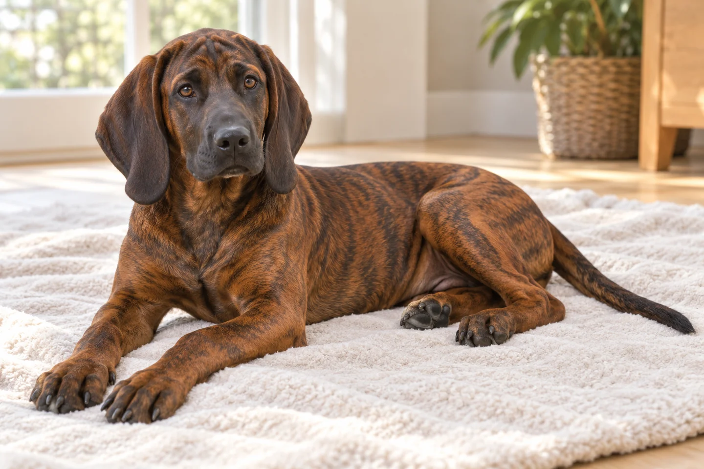 Hanoverian Scenthound older puppy resting on a blanket indoors, with breed-specific coat and natural anatomy