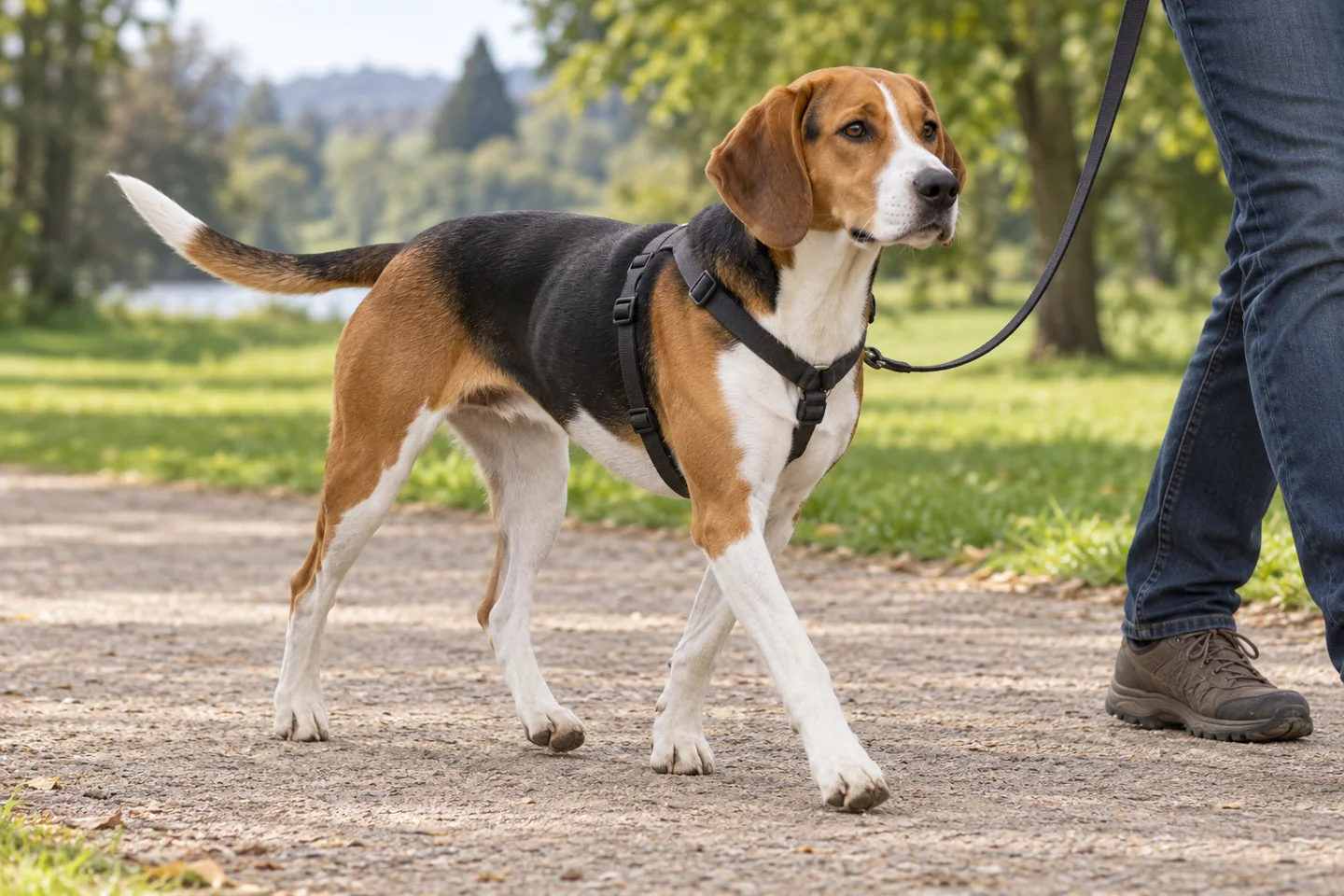 Harrier adult walking in a harness beside an adult handler, with breed-specific coat and natural anatomy