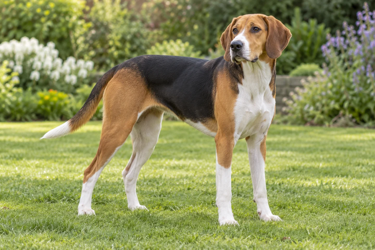 Harrier adult standing naturally outdoors, with breed-specific coat and natural anatomy