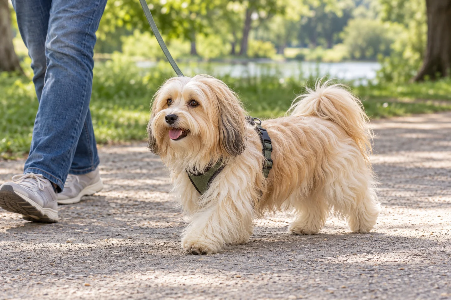 Havanese adult walking in a harness beside an adult handler, with breed-specific coat and natural anatomy