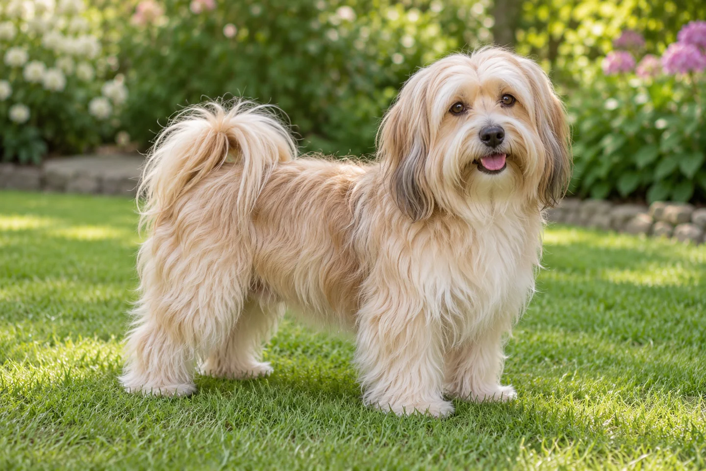 Havanese adult standing naturally outdoors, with breed-specific coat and natural anatomy