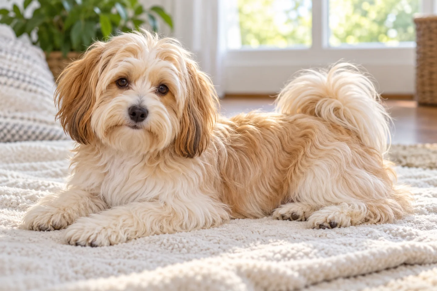 Havanese older puppy resting on a blanket indoors, with breed-specific coat and natural anatomy