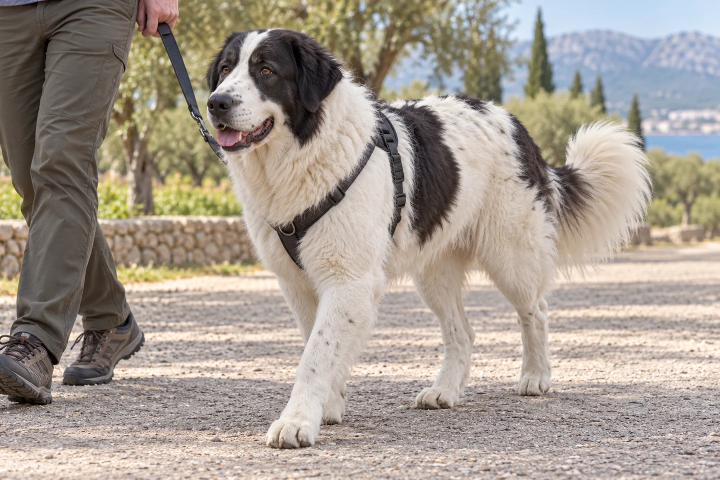 Hellenic Shepherd Dog walking in a harness beside an adult handler