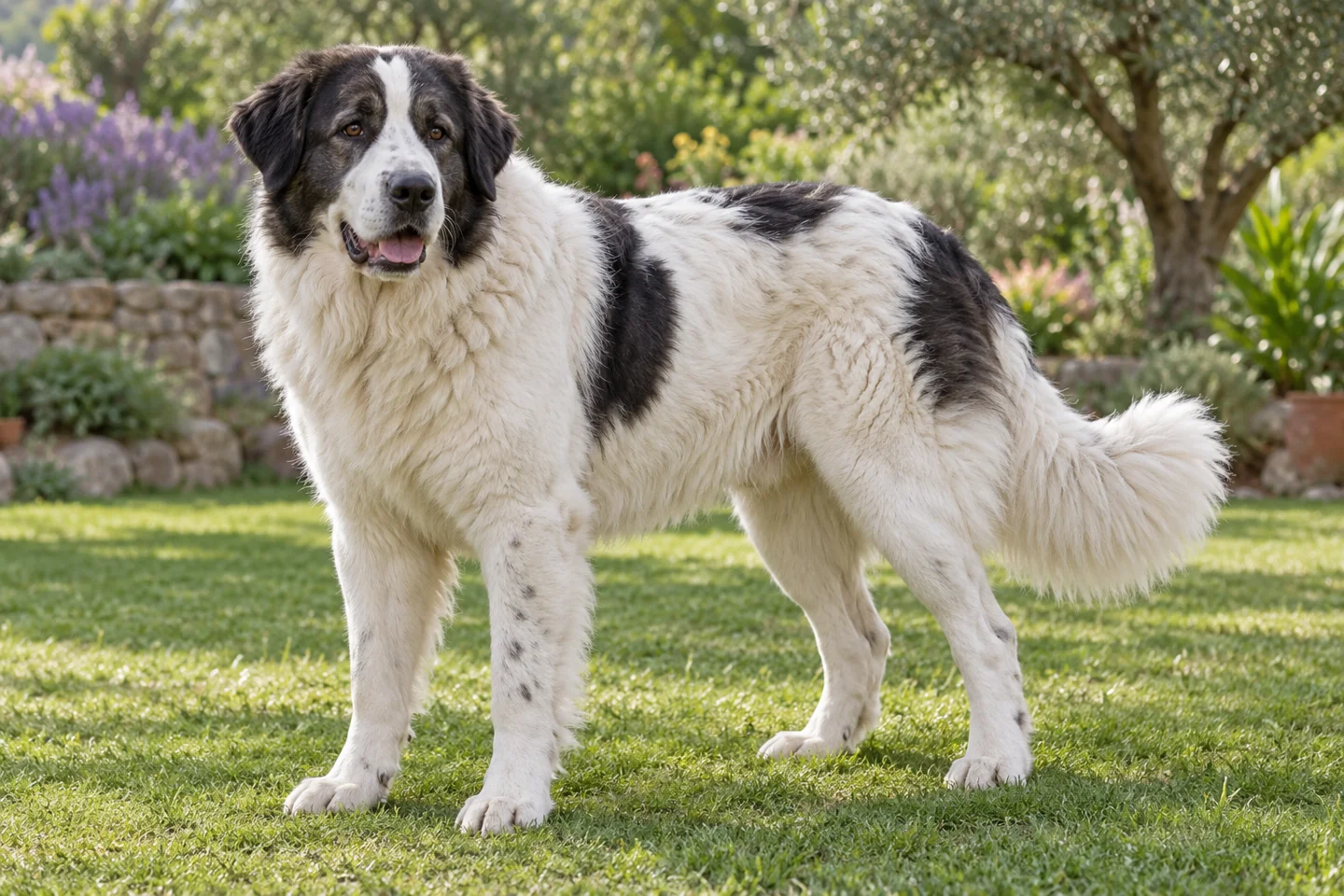 Adult white-and-black Hellenic Shepherd Dog standing on grass