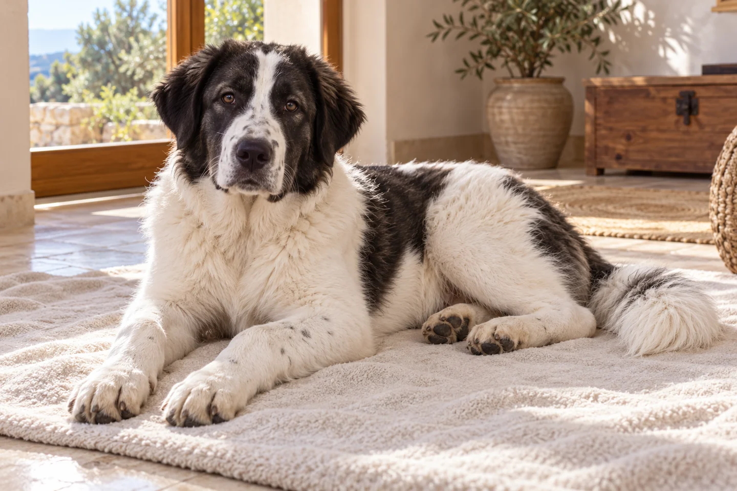 Older white-and-black Hellenic Shepherd puppy resting on a blanket