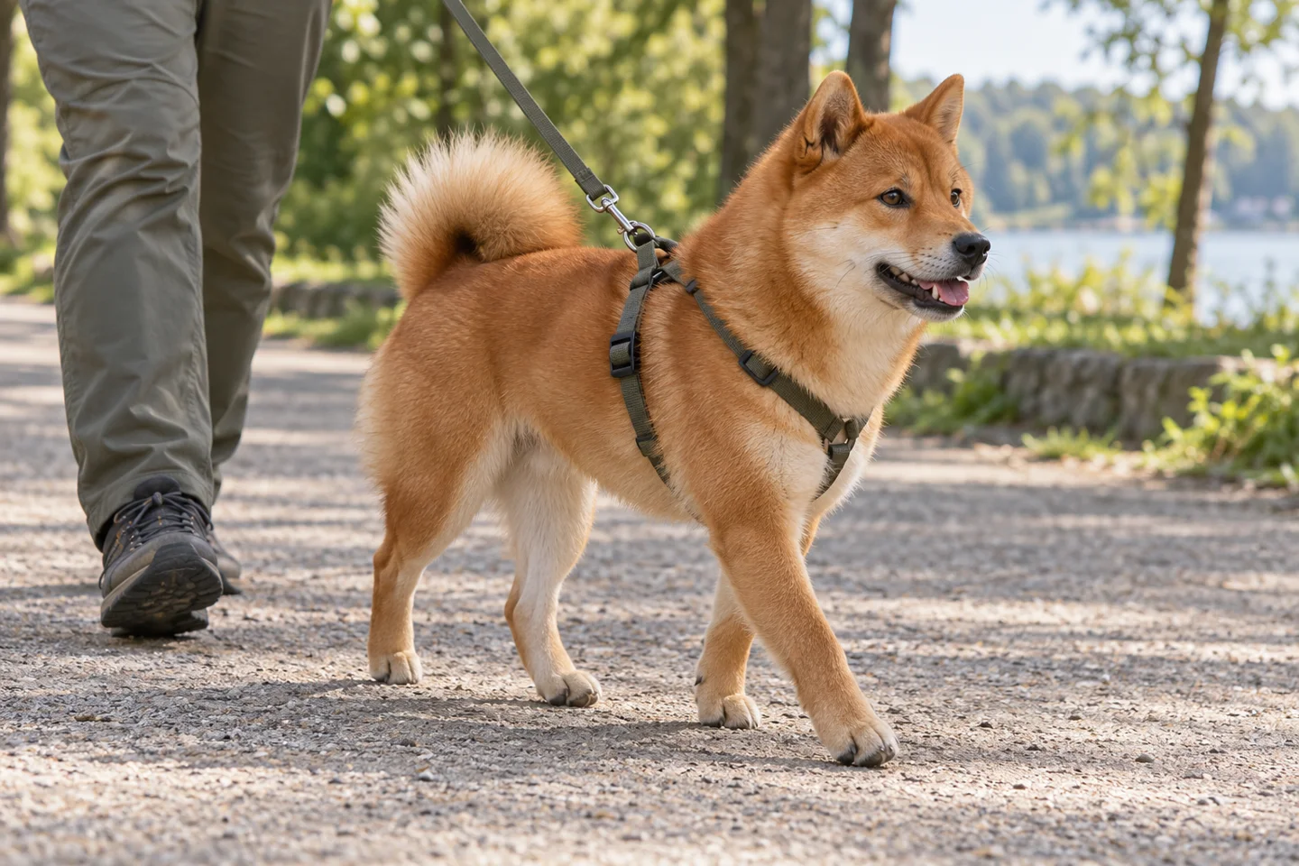 Hokkaido walking in a fitted harness beside an adult handler, showing red double coat