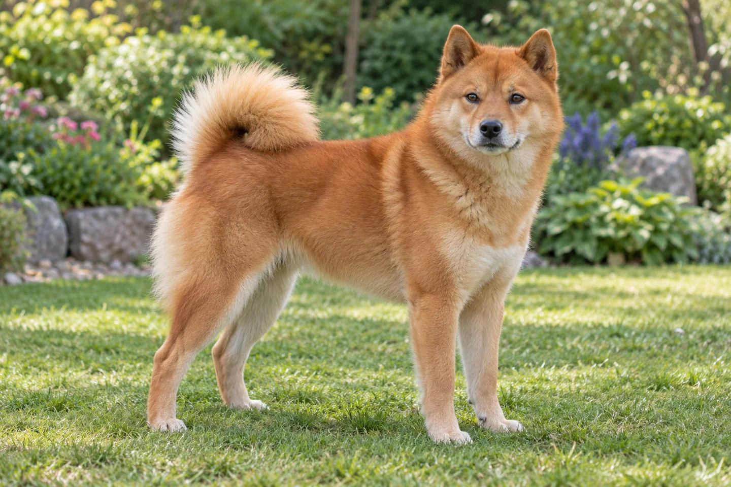 Hokkaido adult standing naturally on a garden lawn, showing red double coat