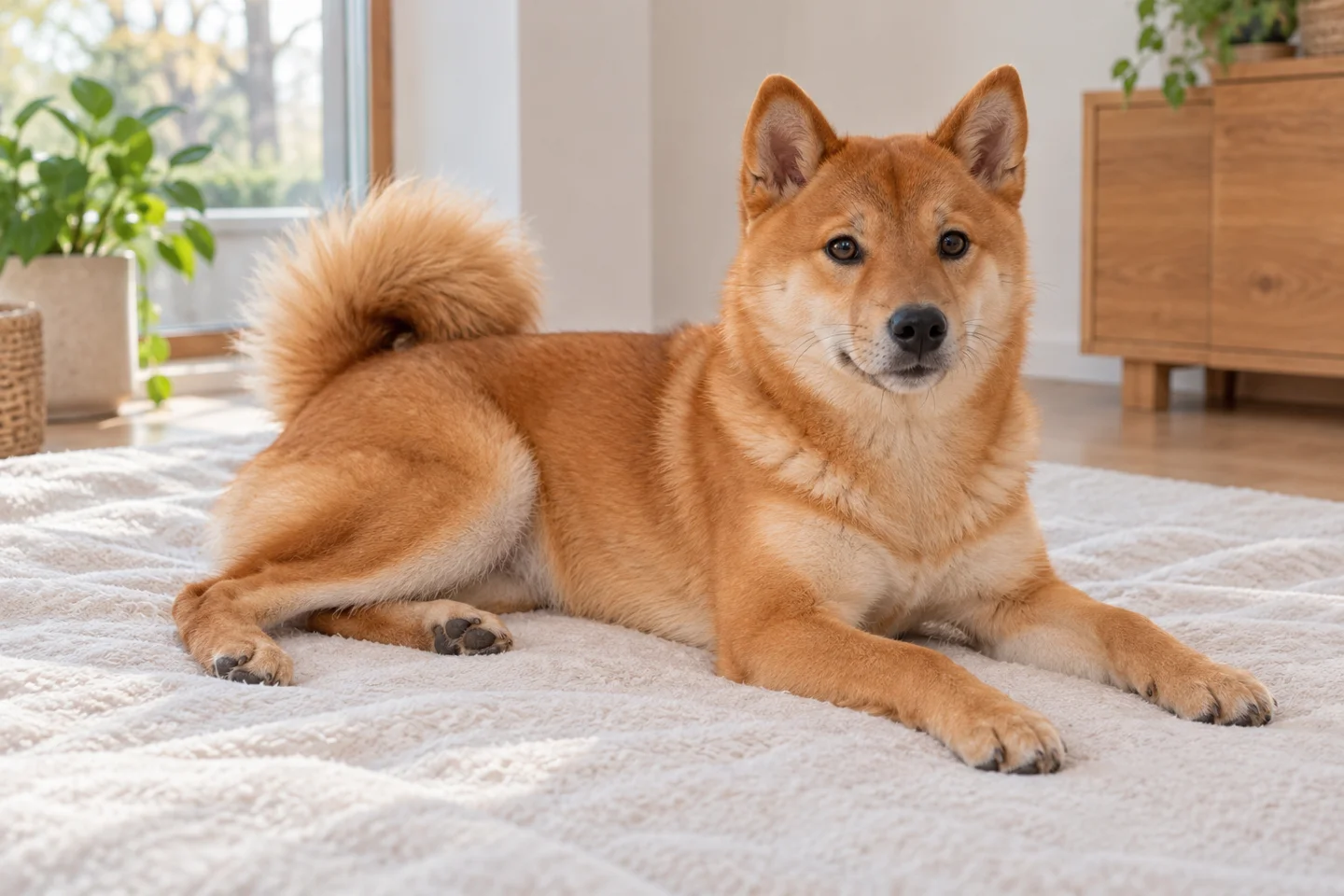 Hokkaido older puppy resting on a blanket indoors, showing red double coat