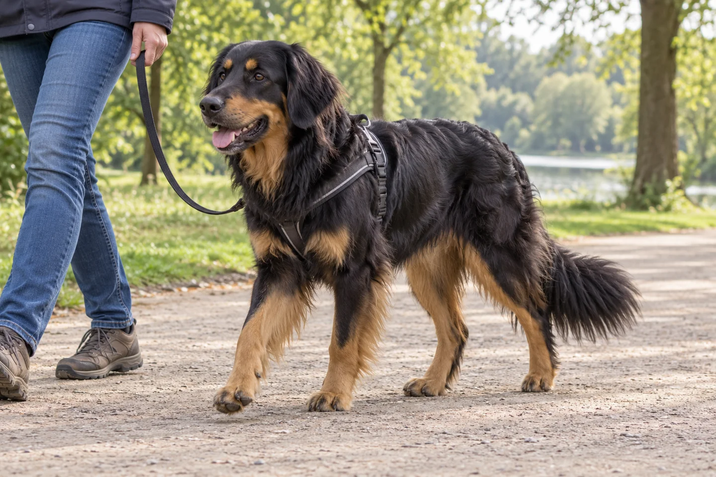 Hovawart walking in a fitted harness beside an adult handler, showing black and tan, long and slightly wavy