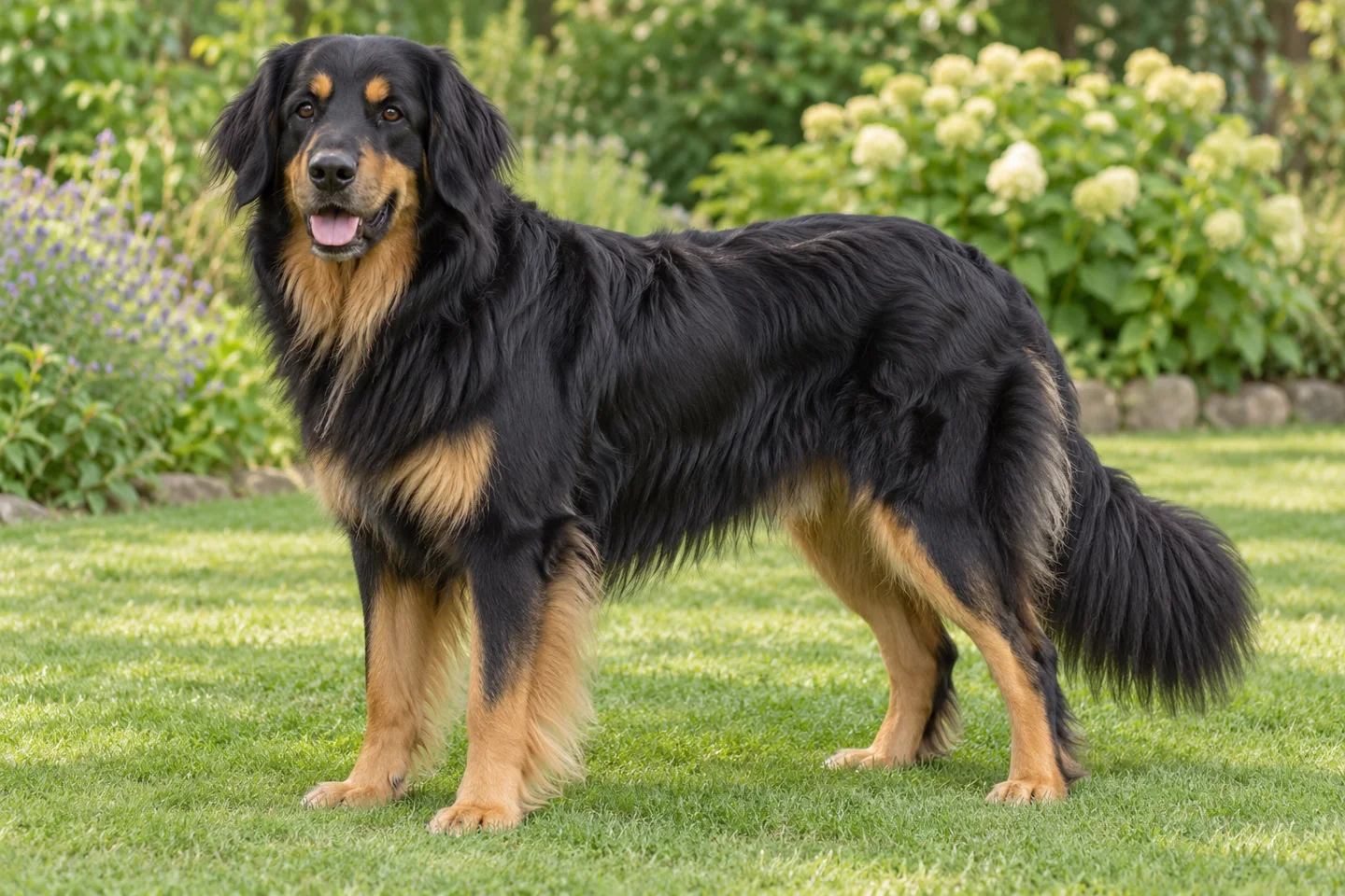 Hovawart adult standing naturally on a garden lawn, showing black and tan, long and slightly wavy