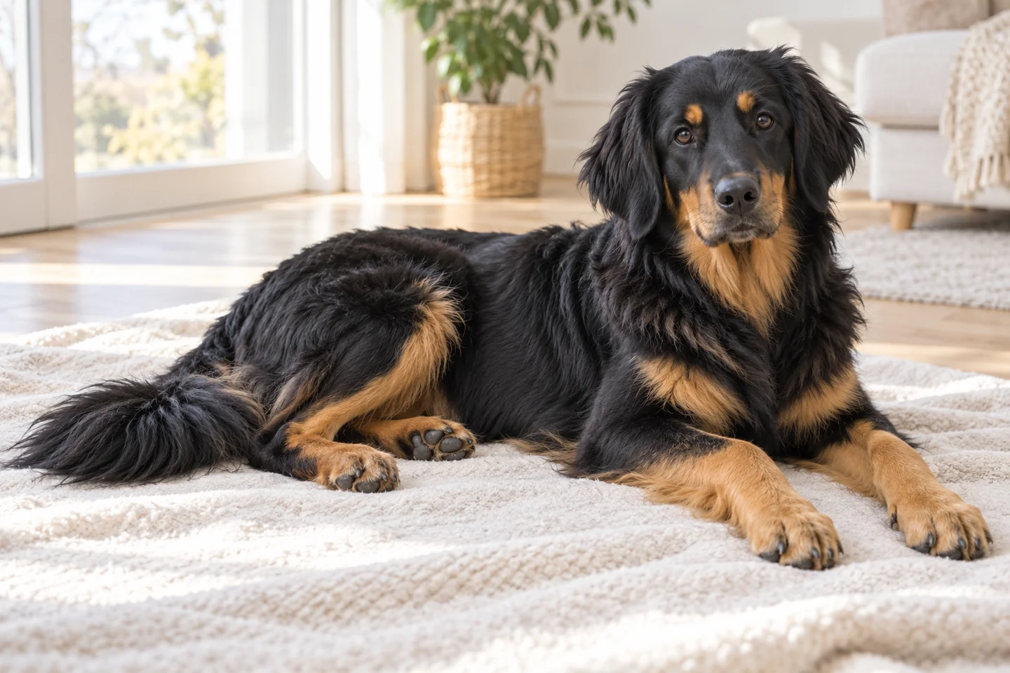 Hovawart older puppy resting on a blanket indoors, showing black and tan, long and slightly wavy