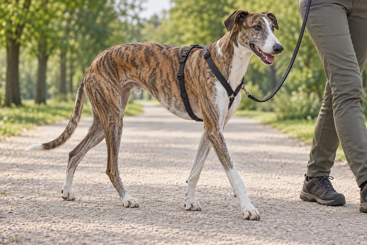 Hungarian Greyhound walking in a fitted harness beside an adult handler, showing brindle and white, short coat