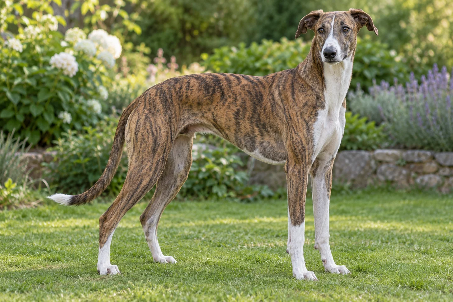 Hungarian Greyhound adult standing naturally on a garden lawn, showing brindle and white, short coat
